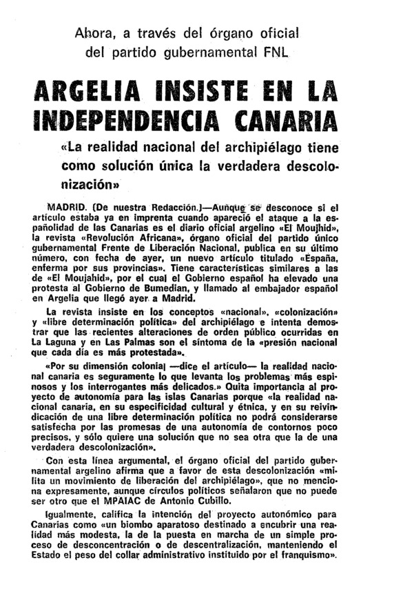 Argelia insiste en la independencia canaria